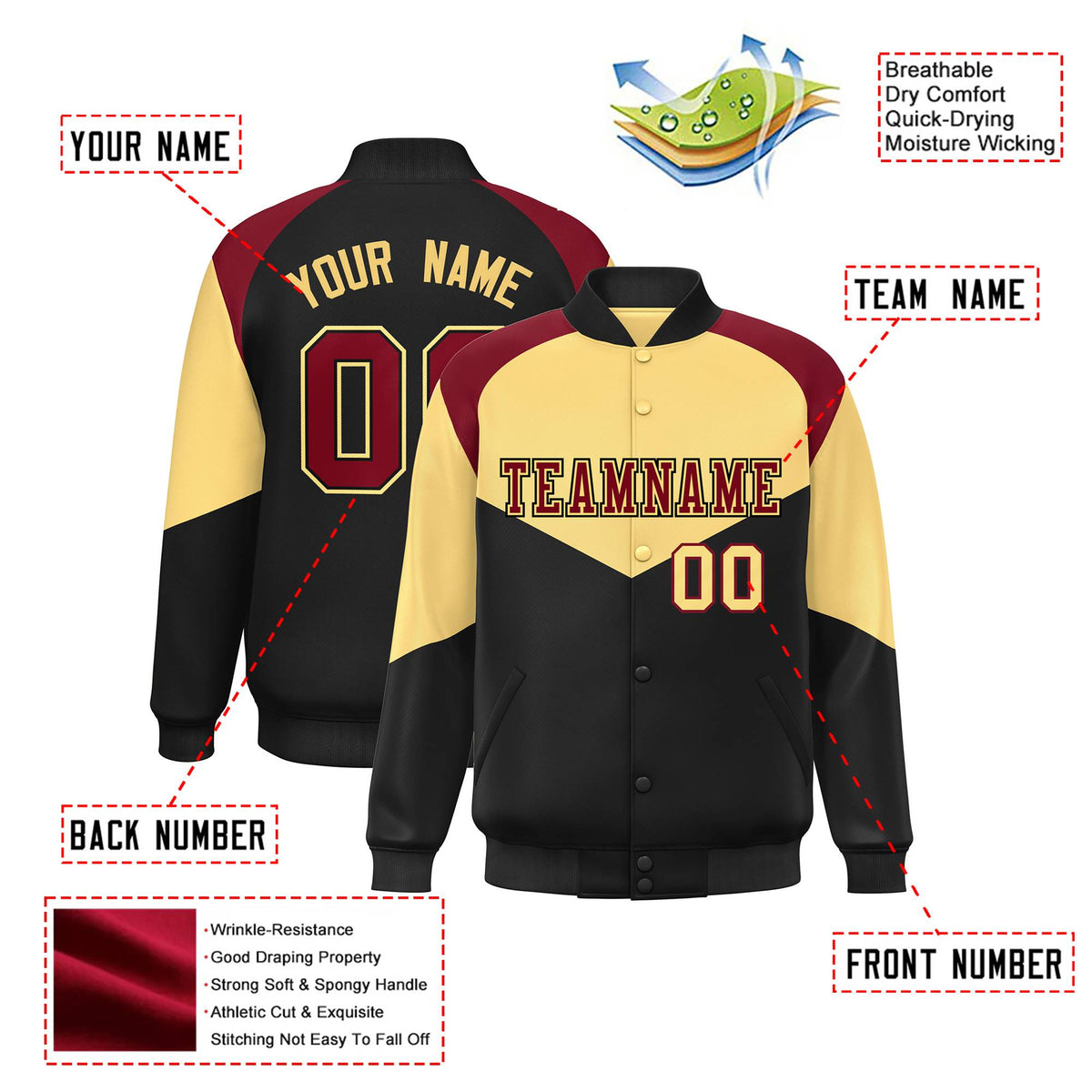 Custom Khaki Black-Crimson Green Varsity Full-Snap Color Block Letterman Jacket