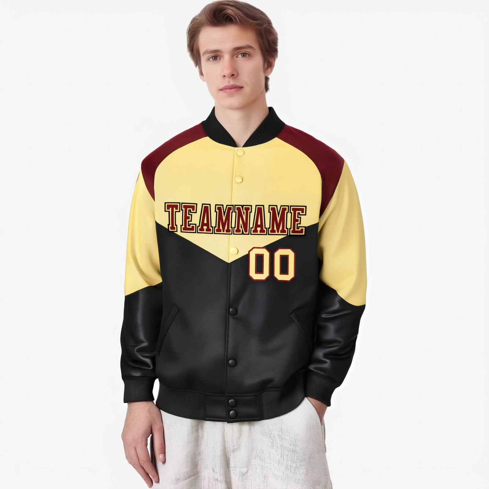 Custom Khaki Black-Crimson Green Varsity Full-Snap Color Block Letterman Jacket