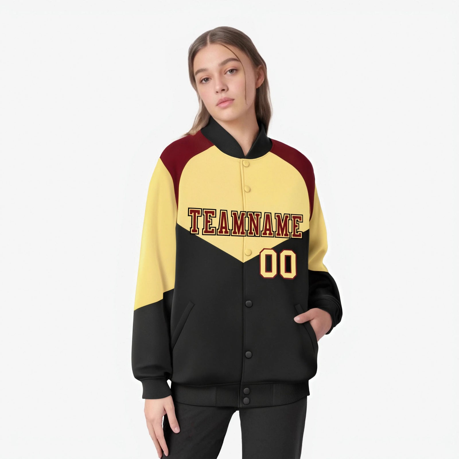 Custom Khaki Black-Crimson Green Varsity Full-Snap Color Block Letterman Jacket