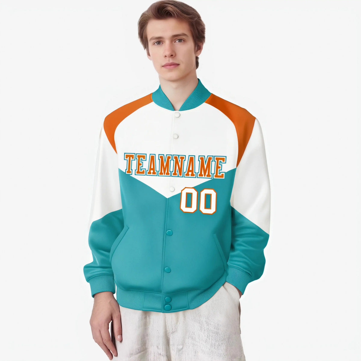 Custom White Aqua-Orange Varsity Full-Snap Color Block Letterman Jacket