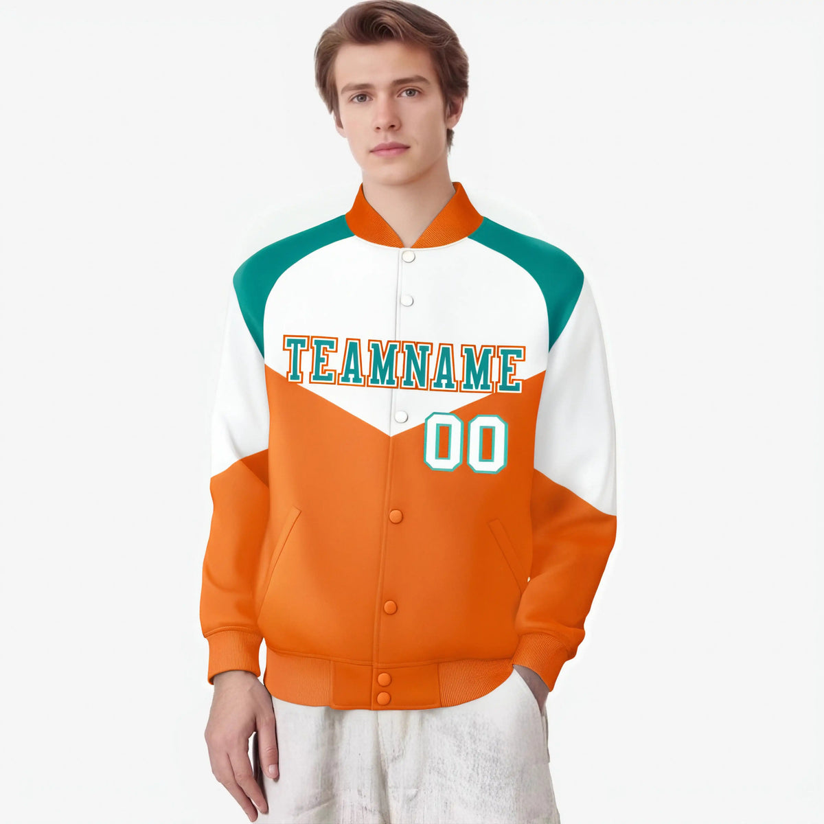 Custom White Orange-Aqua Varsity Full-Snap Color Block Letterman Jacket