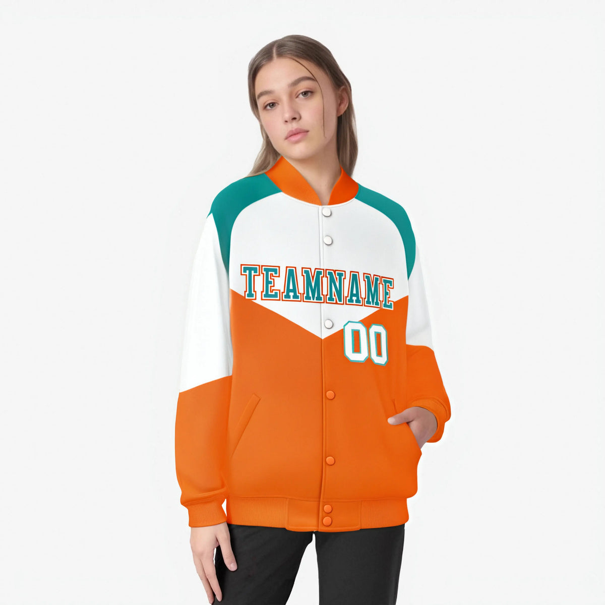 Custom White Orange-Aqua Varsity Full-Snap Color Block Letterman Jacket