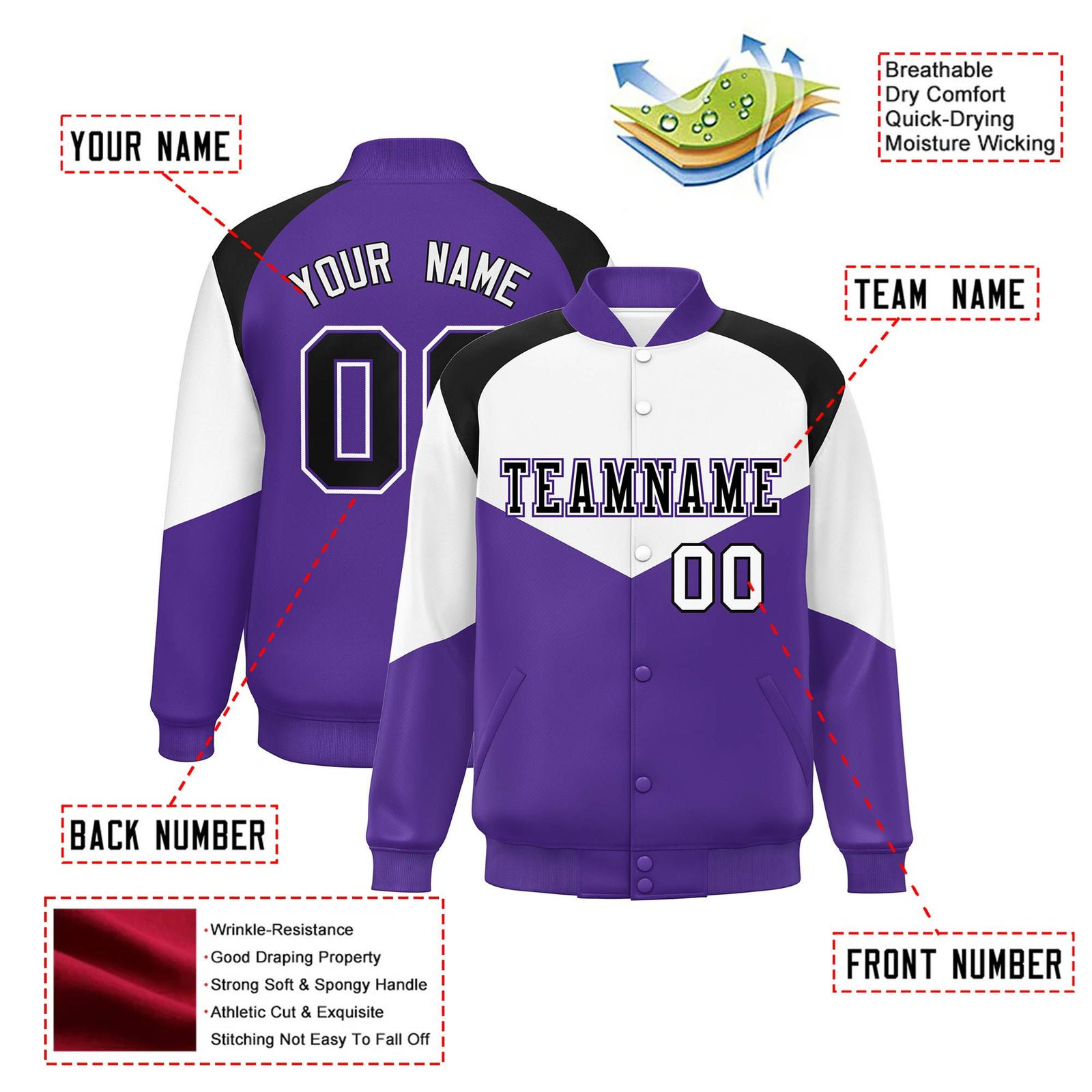 Custom White Purple-Black Varsity Full-Snap Color Block Letterman Jacket