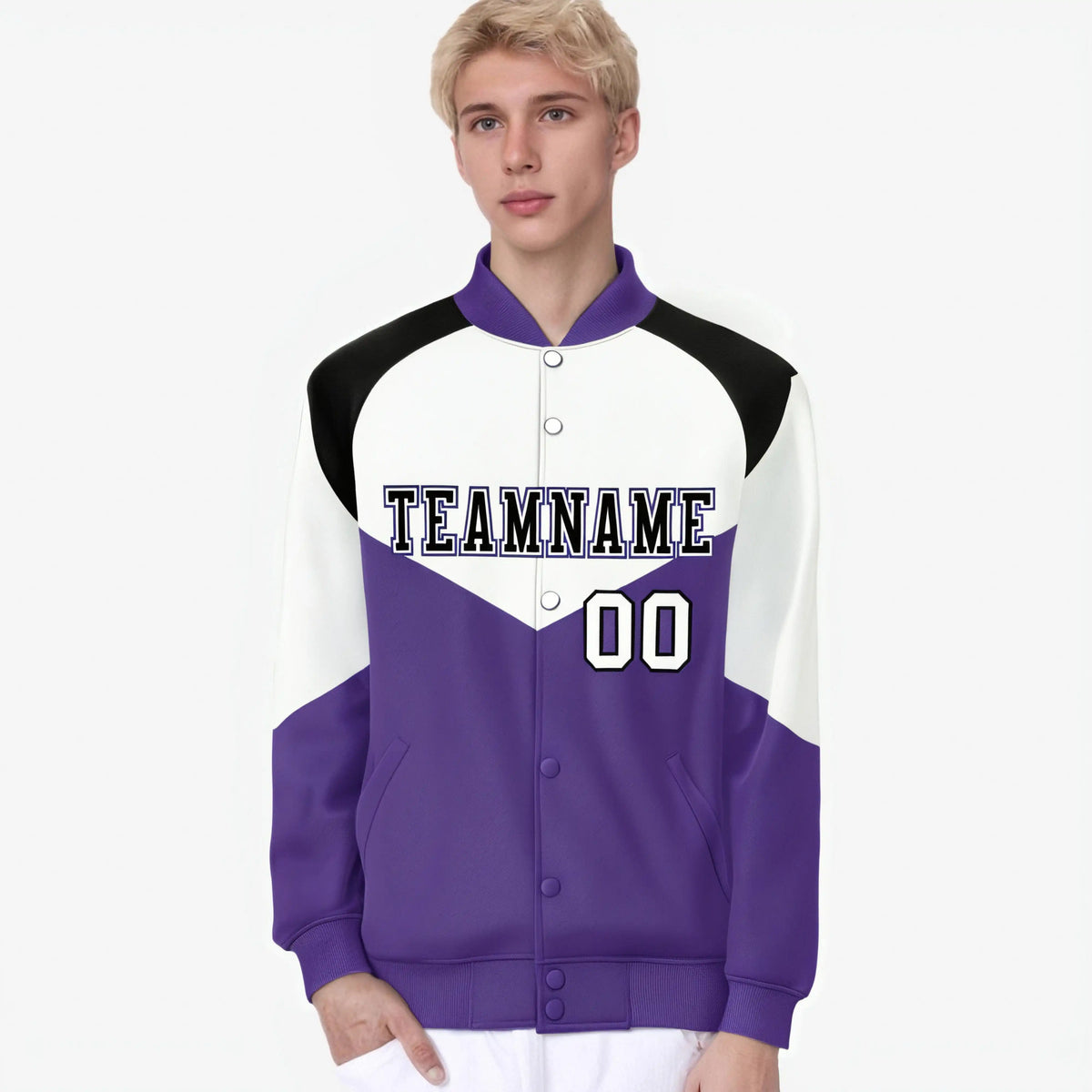 Custom White Purple-Black Varsity Full-Snap Color Block Letterman Jacket