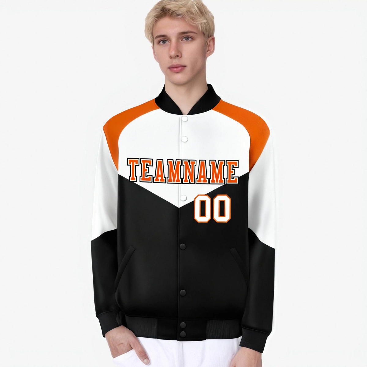 Custom White Black-Orange Varsity Full-Snap Color Block Letterman Jacket