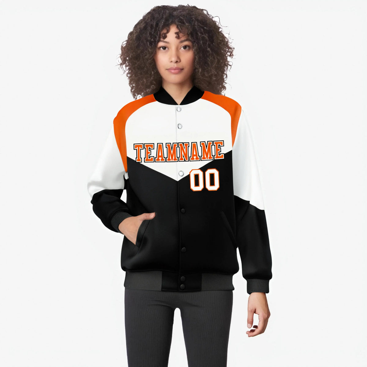 Custom White Black-Orange Varsity Full-Snap Color Block Letterman Jacket