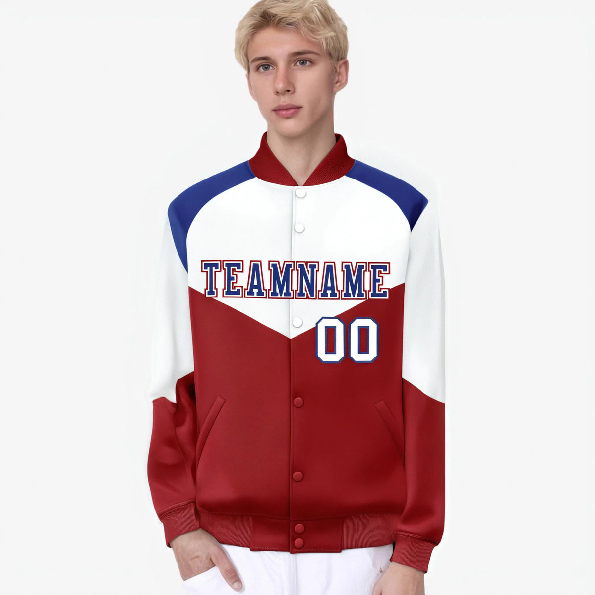 Custom White Red-Royal Blue Varsity Full-Snap Color Block Letterman Jacket