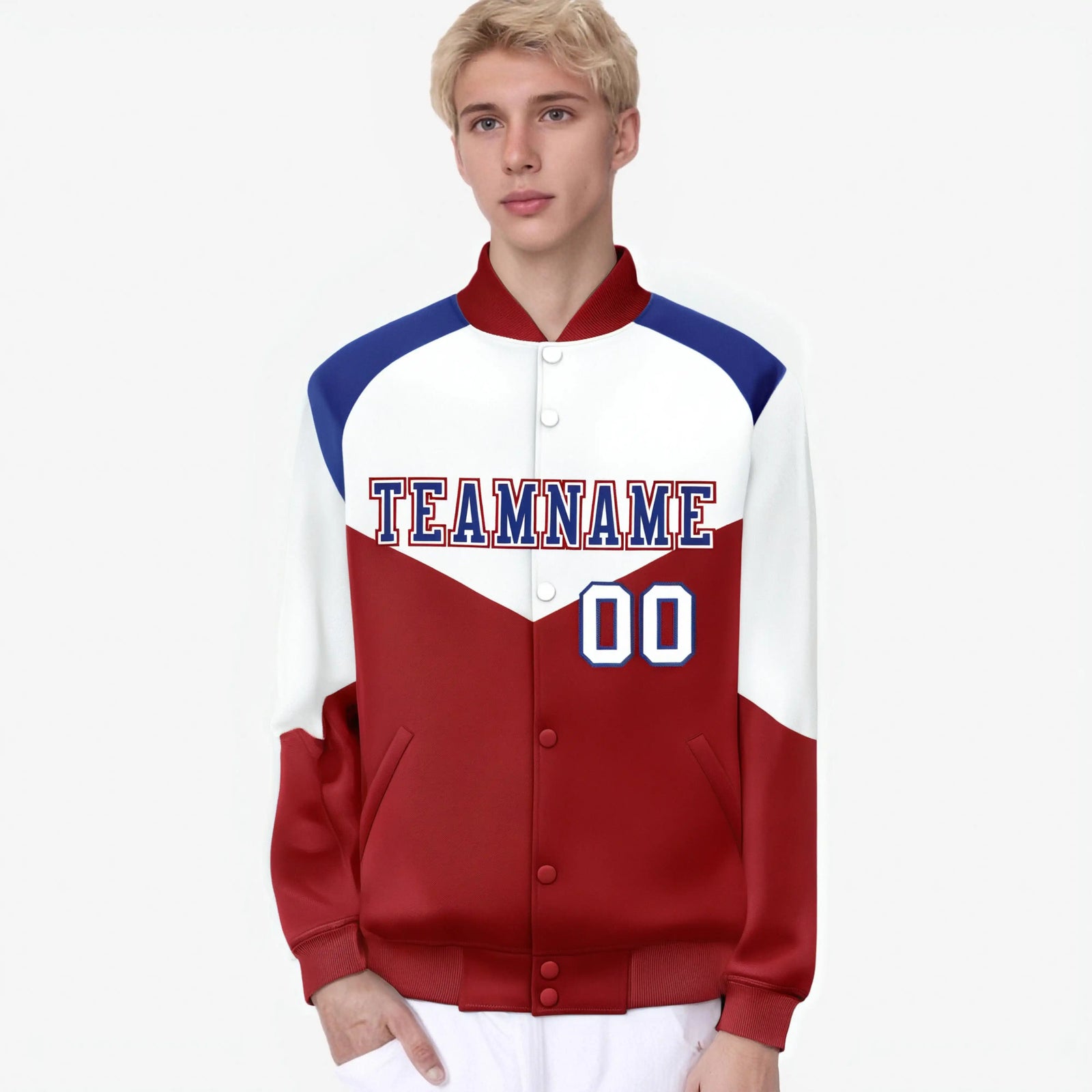 Custom White Red-Royal Blue Varsity Full-Snap Color Block Letterman Jacket