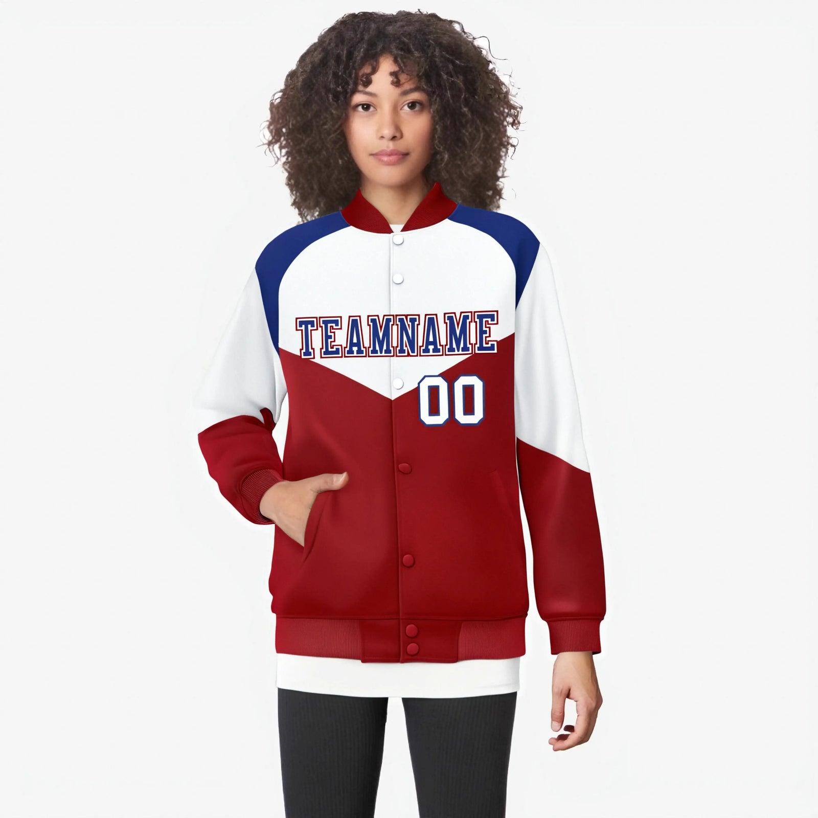 Custom White Red-Royal Blue Varsity Full-Snap Color Block Letterman Jacket