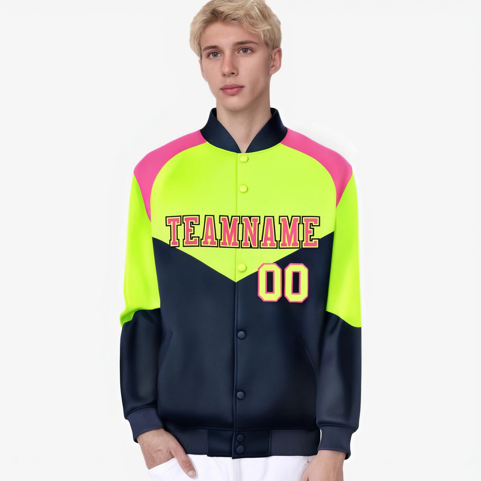 Custom Fluorescent Green Navy-Pink Varsity Full-Snap Color Block Letterman Jacket