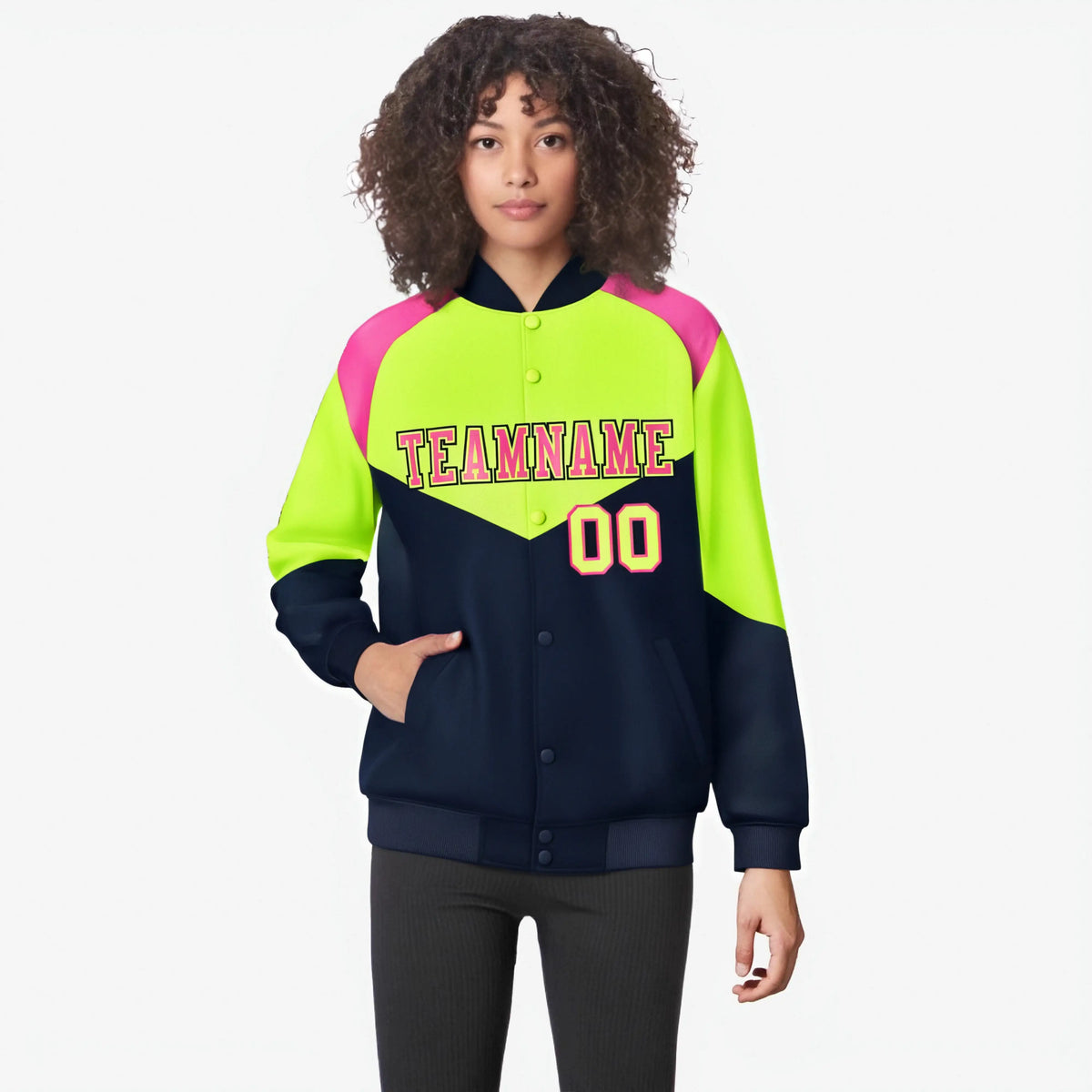 Custom Fluorescent Green Navy-Pink Varsity Full-Snap Color Block Letterman Jacket