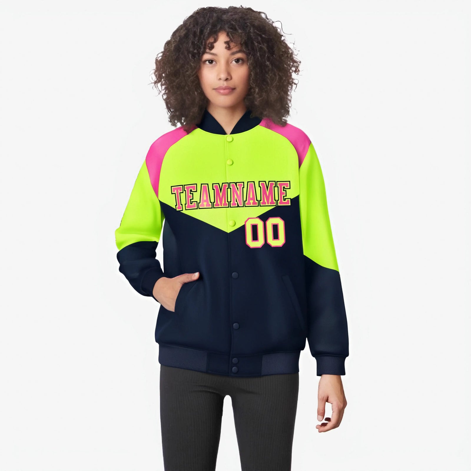 Custom Fluorescent Green Navy-Pink Varsity Full-Snap Color Block Letterman Jacket