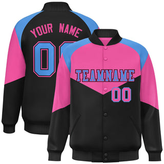 Chaqueta universitaria personalizada con diseño de letras, color rosa, negro y azul claro, con cierre a presión completo - Estilo 1