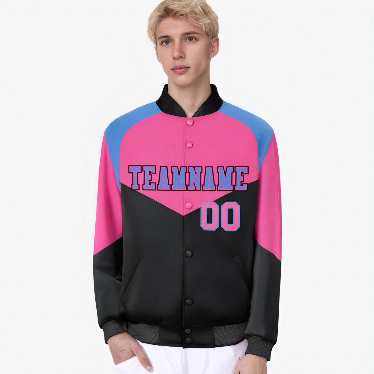 Custom Pink Black-Powder Blue Varsity Full-Snap Color Block Letterman Jacket