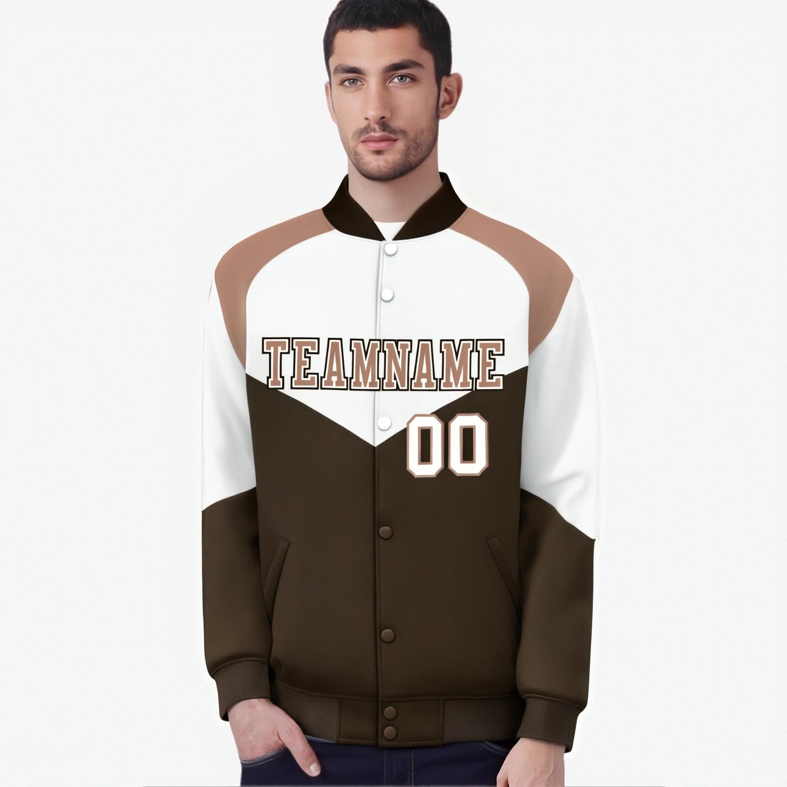 Custom White Brown-Light Brown Varsity Full-Snap Color Block Letterman Jacket