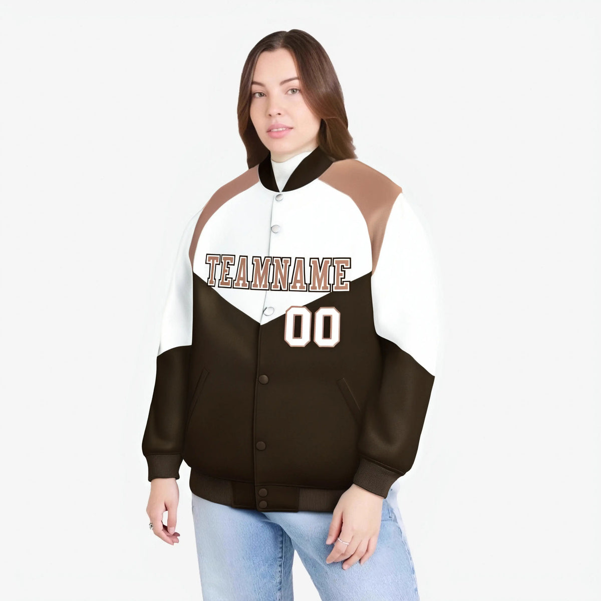 Custom White Brown-Light Brown Varsity Full-Snap Color Block Letterman Jacket