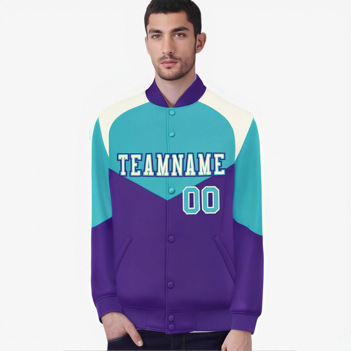 Custom Aqua Purple-Cream Varsity Full-Snap Color Block Letterman Jacket