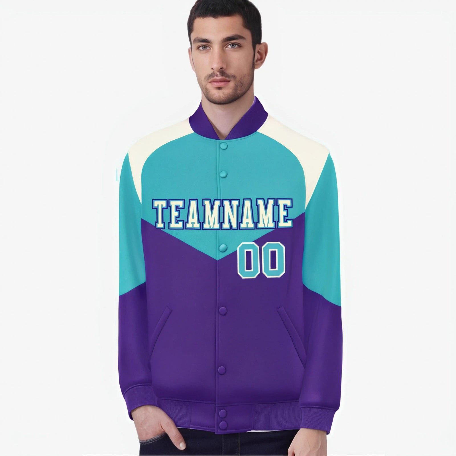 Custom Aqua Purple-Cream Varsity Full-Snap Color Block Letterman Jacket