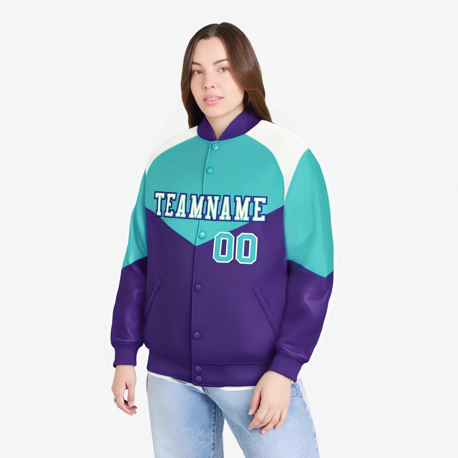 Custom Aqua Purple-Cream Varsity Full-Snap Color Block Letterman Jacket