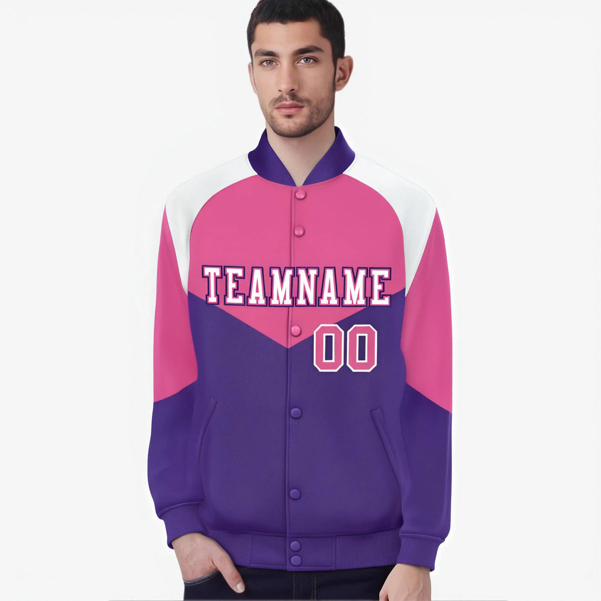 Custom Pink Purple-White Varsity Full-Snap Color Block Letterman Jacket
