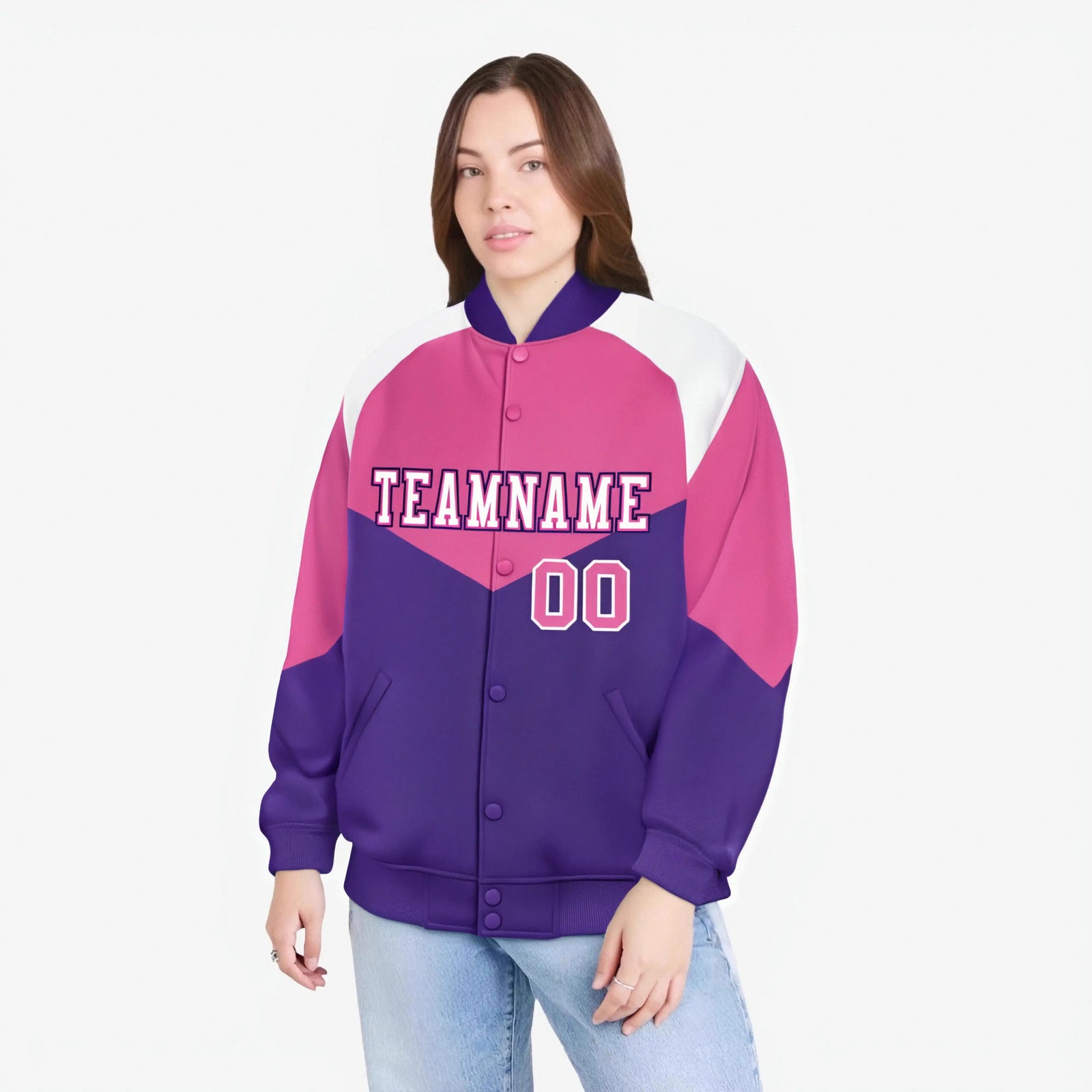 Custom Pink Purple-White Varsity Full-Snap Color Block Letterman Jacket