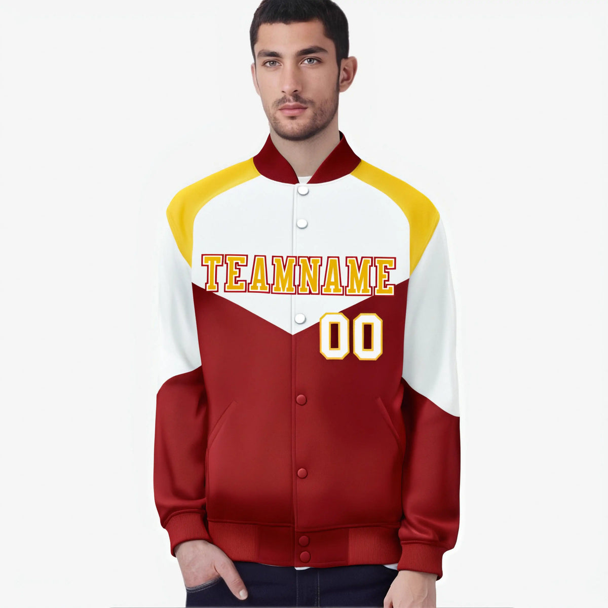 Custom White Red-Gold Varsity Full-Snap Color Block Letterman Jacket