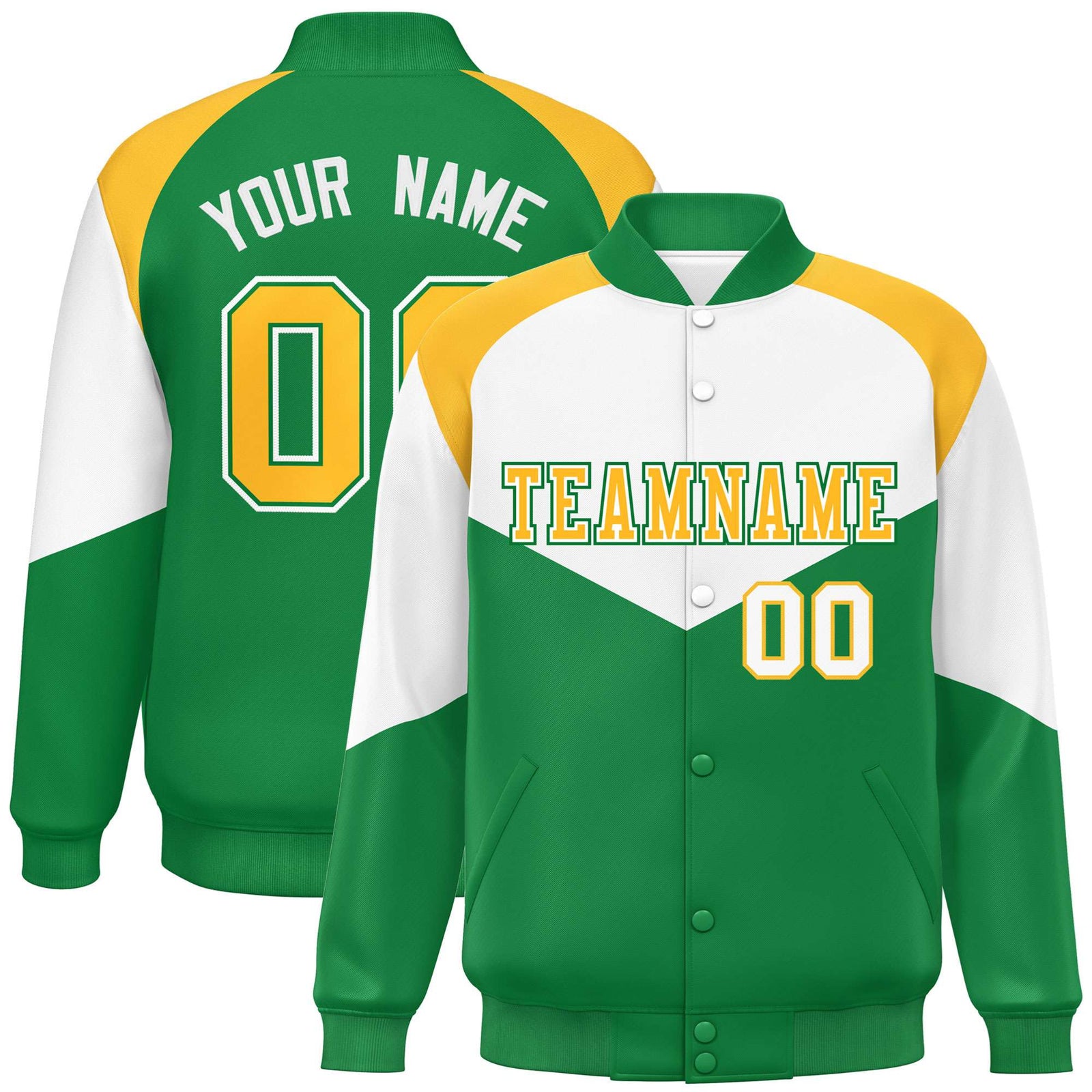 Custom White Kelly Green-Gold Varsity Full-Snap Color Block Letterman Jacket