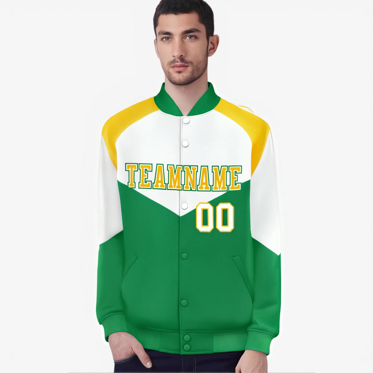 Custom White Kelly Green-Gold Varsity Full-Snap Color Block Letterman Jacket