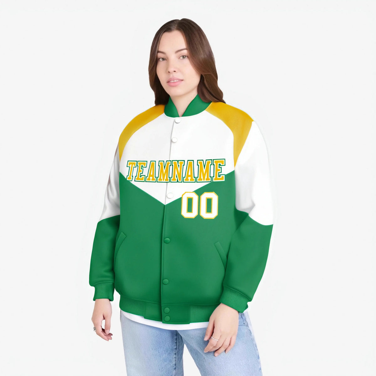 Custom White Kelly Green-Gold Varsity Full-Snap Color Block Letterman Jacket