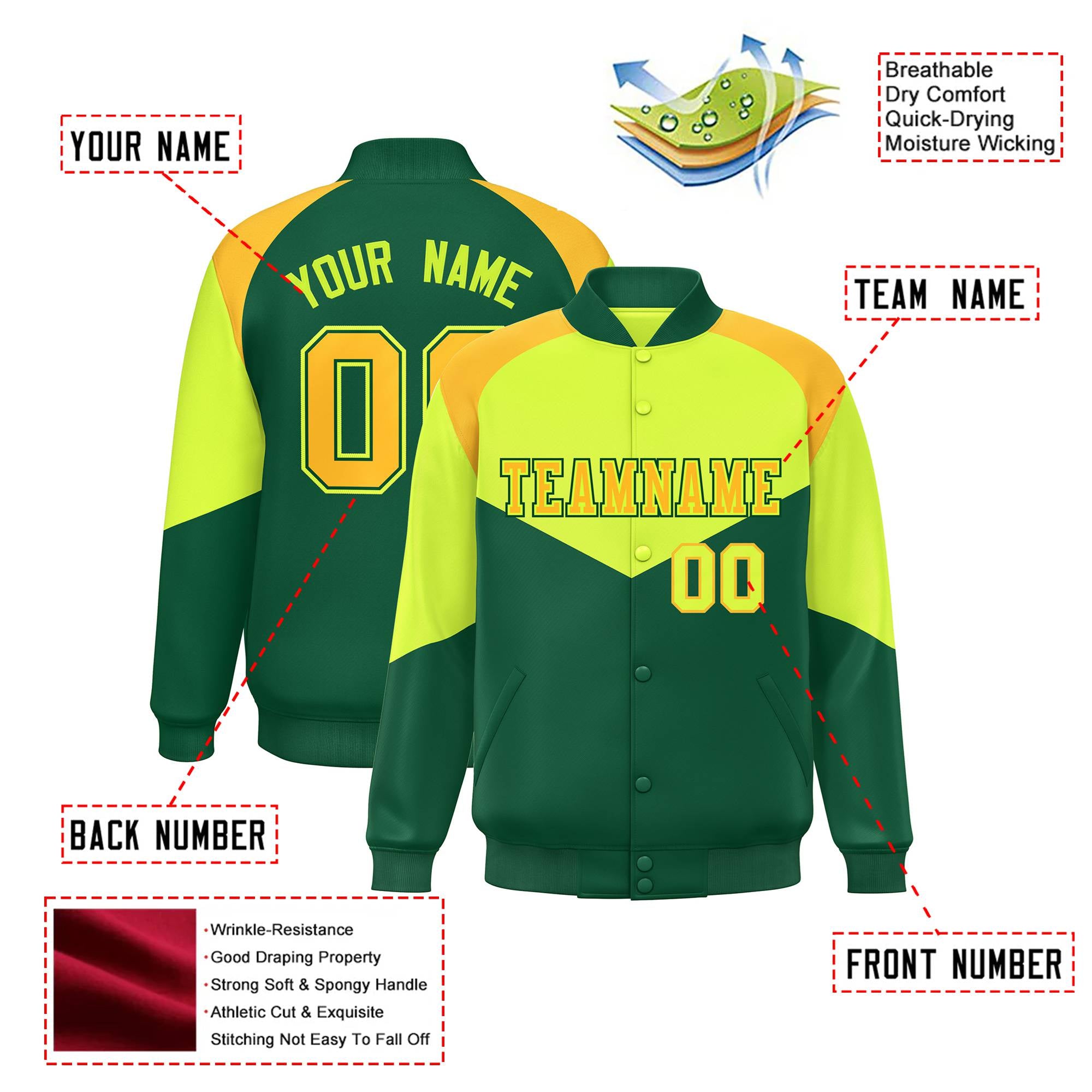 Custom Fluorescent Green Kelly Green-Gold Varsity Full-Snap Color Block Letterman Jacket