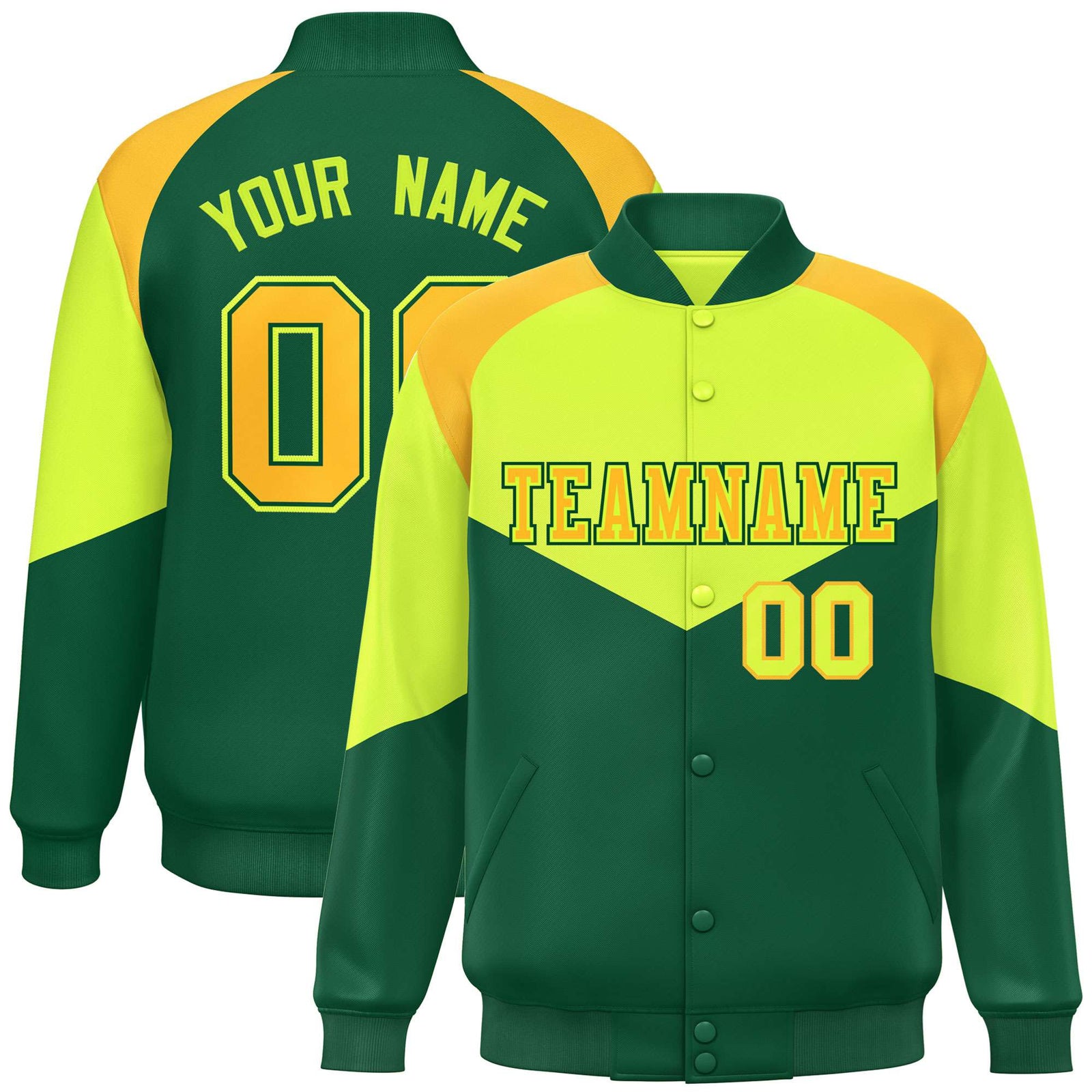 Custom Fluorescent Green Kelly Green-Gold Varsity Full-Snap Color Block Letterman Jacket