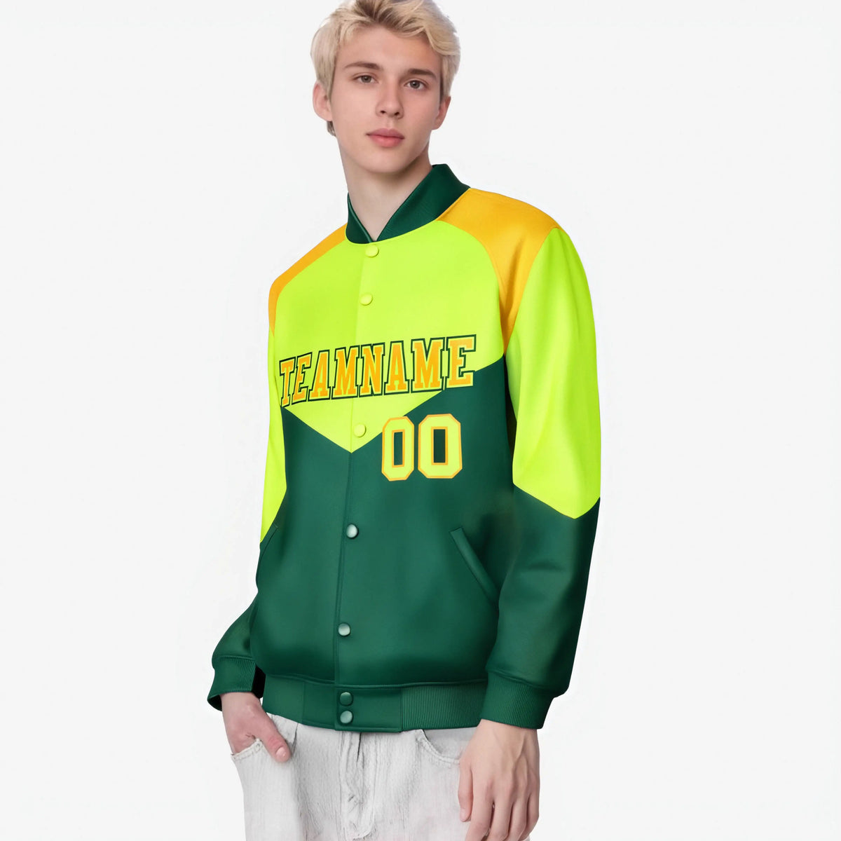 Custom Fluorescent Green Kelly Green-Gold Varsity Full-Snap Color Block Letterman Jacket