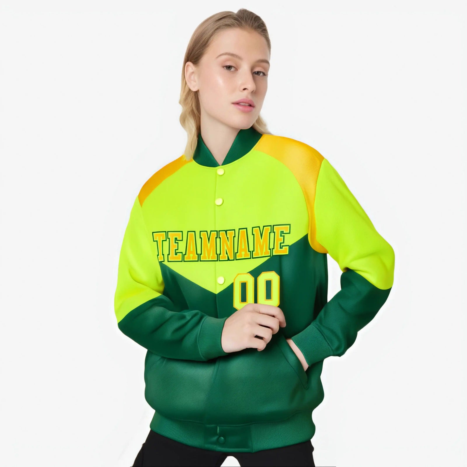 Custom Fluorescent Green Kelly Green-Gold Varsity Full-Snap Color Block Letterman Jacket
