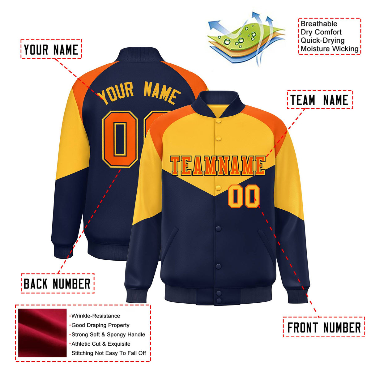 Custom Yellow Navy-Orange Varsity Full-Snap Color Block Letterman Jacket