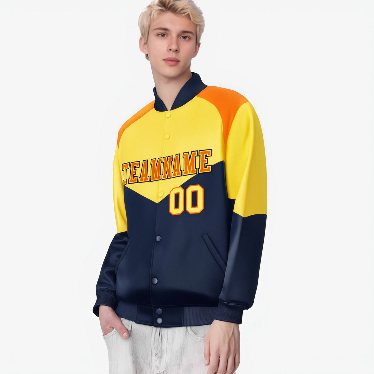Custom Yellow Navy-Orange Varsity Full-Snap Color Block Letterman Jacket