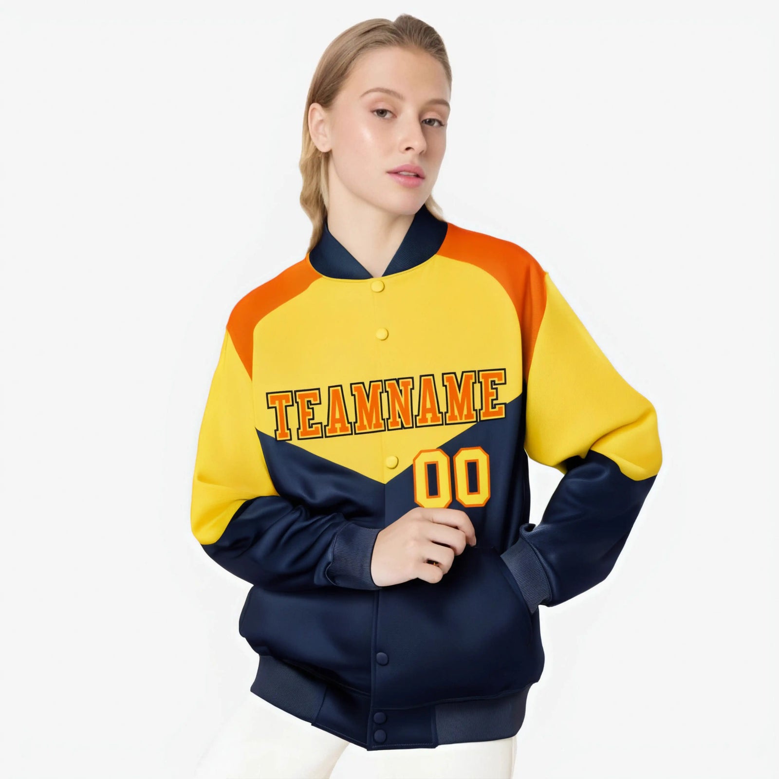 Custom Yellow Navy-Orange Varsity Full-Snap Color Block Letterman Jacket