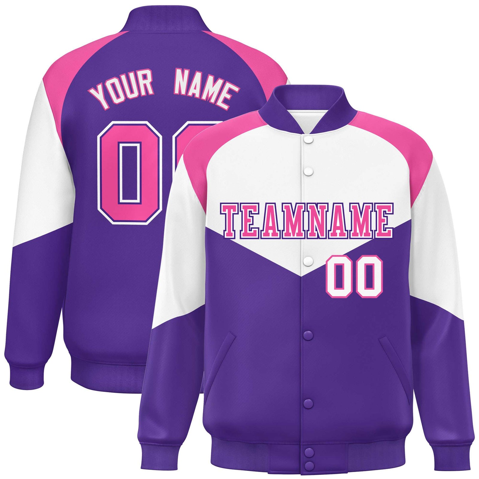 Custom White Purple-Pink Varsity Full-Snap Color Block Letterman Jacket
