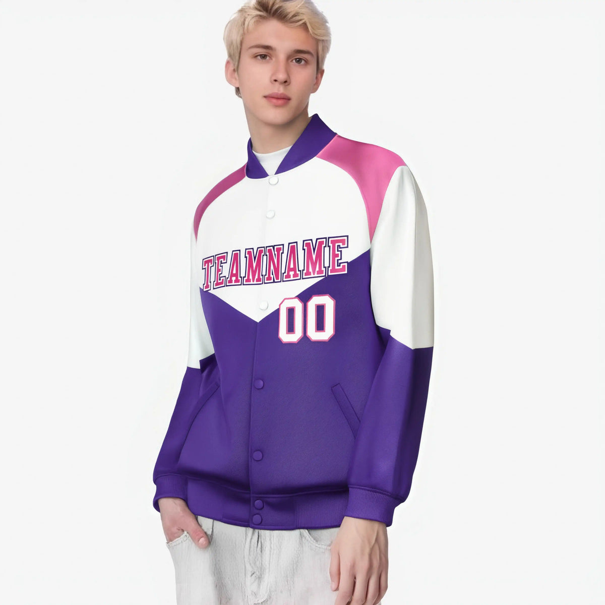 Custom White Purple-Pink Varsity Full-Snap Color Block Letterman Jacket
