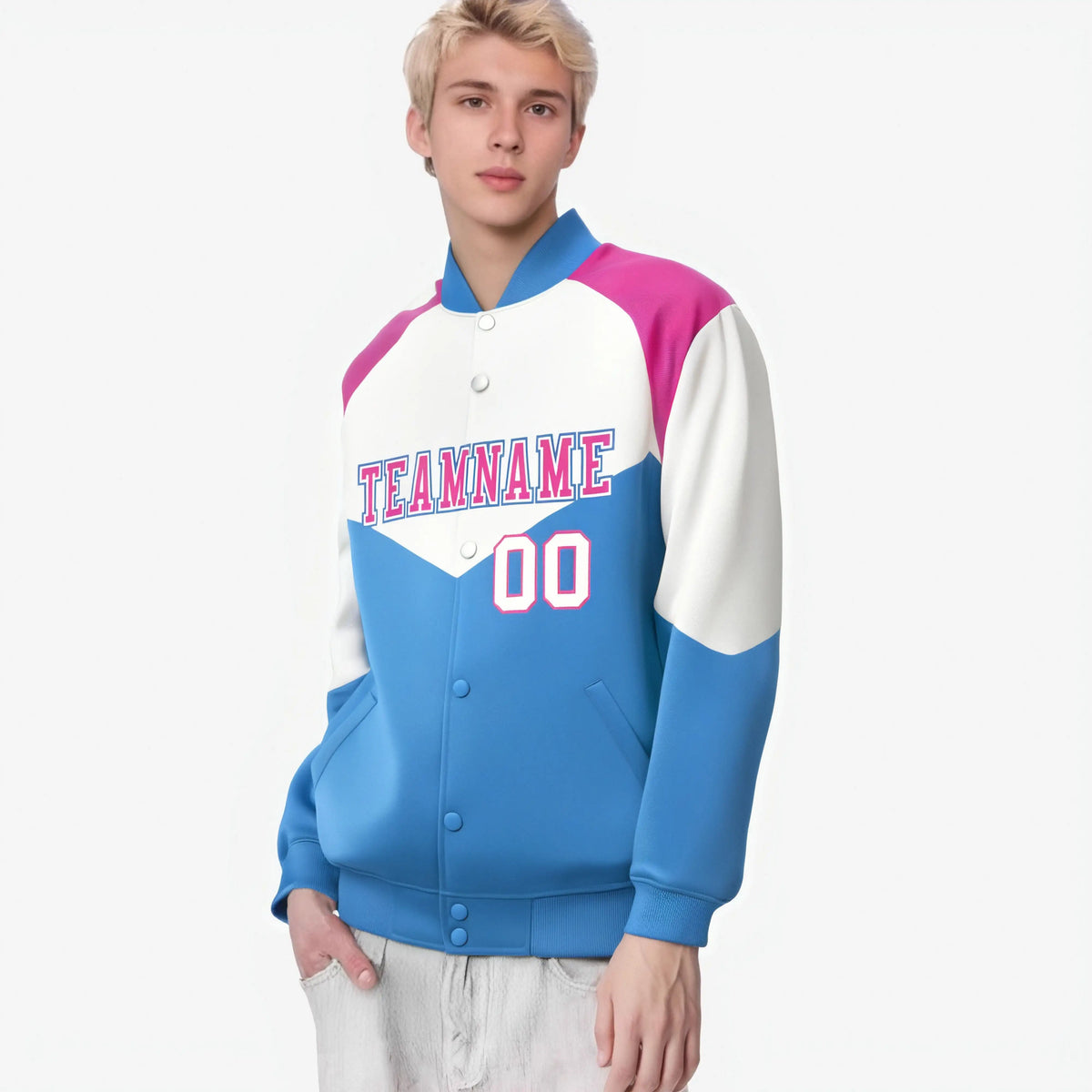 Custom White Powder Blue-Pink Varsity Full-Snap Color Block Letterman Jacket