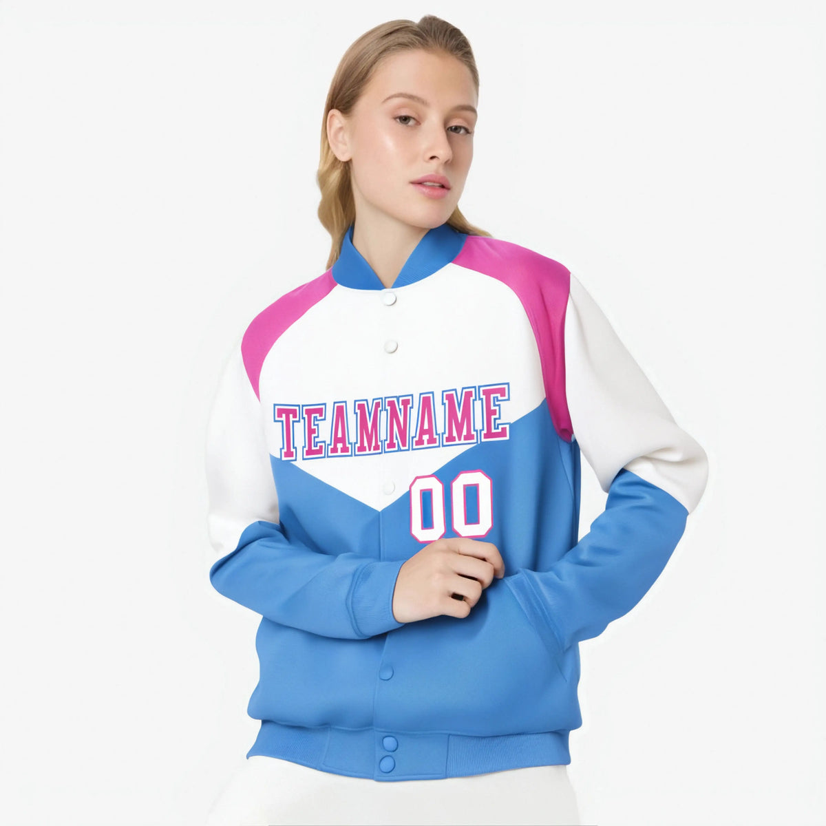 Custom White Powder Blue-Pink Varsity Full-Snap Color Block Letterman Jacket