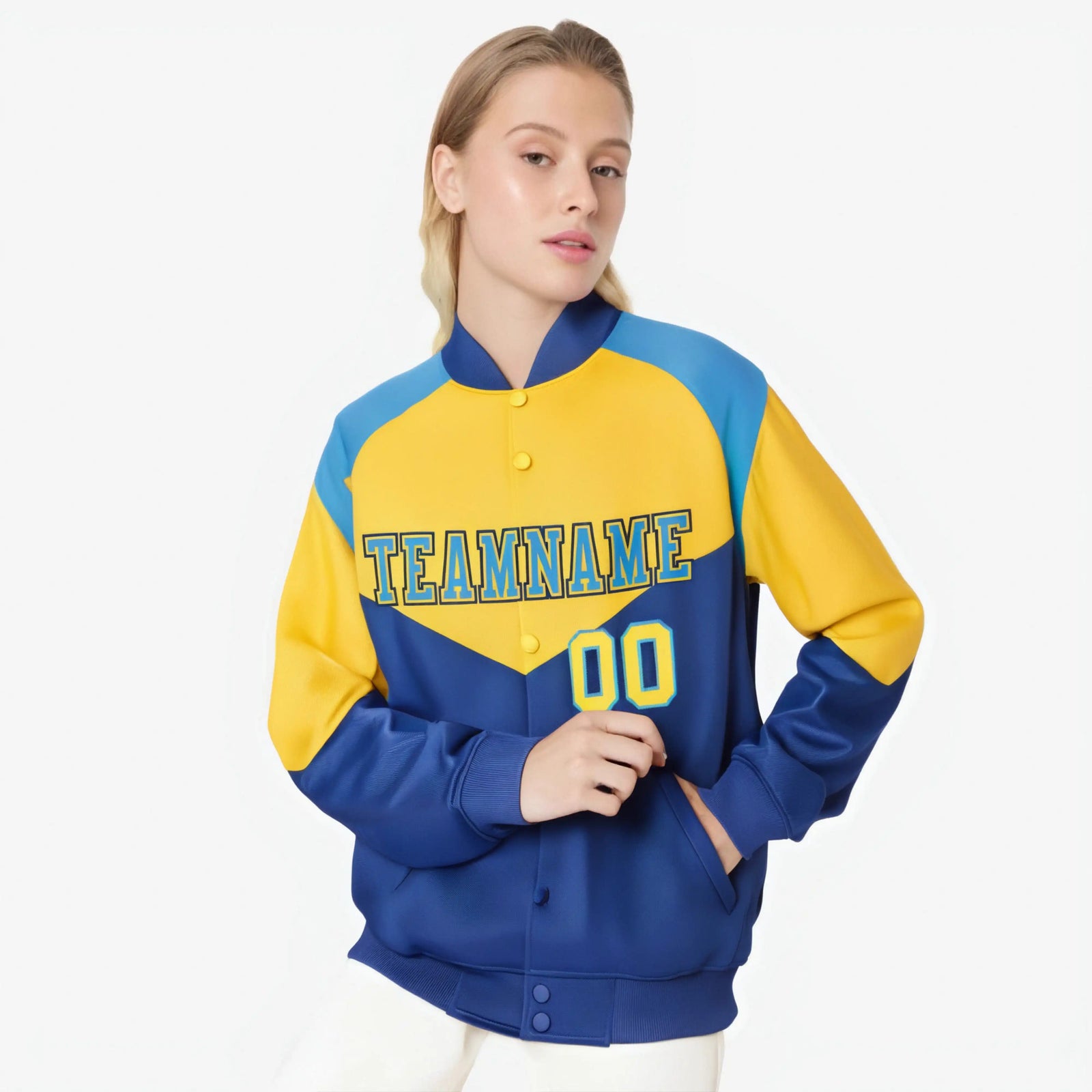 Custom Yellow Royal Blue-Powder Blue Varsity Full-Snap Color Block Letterman Jacket