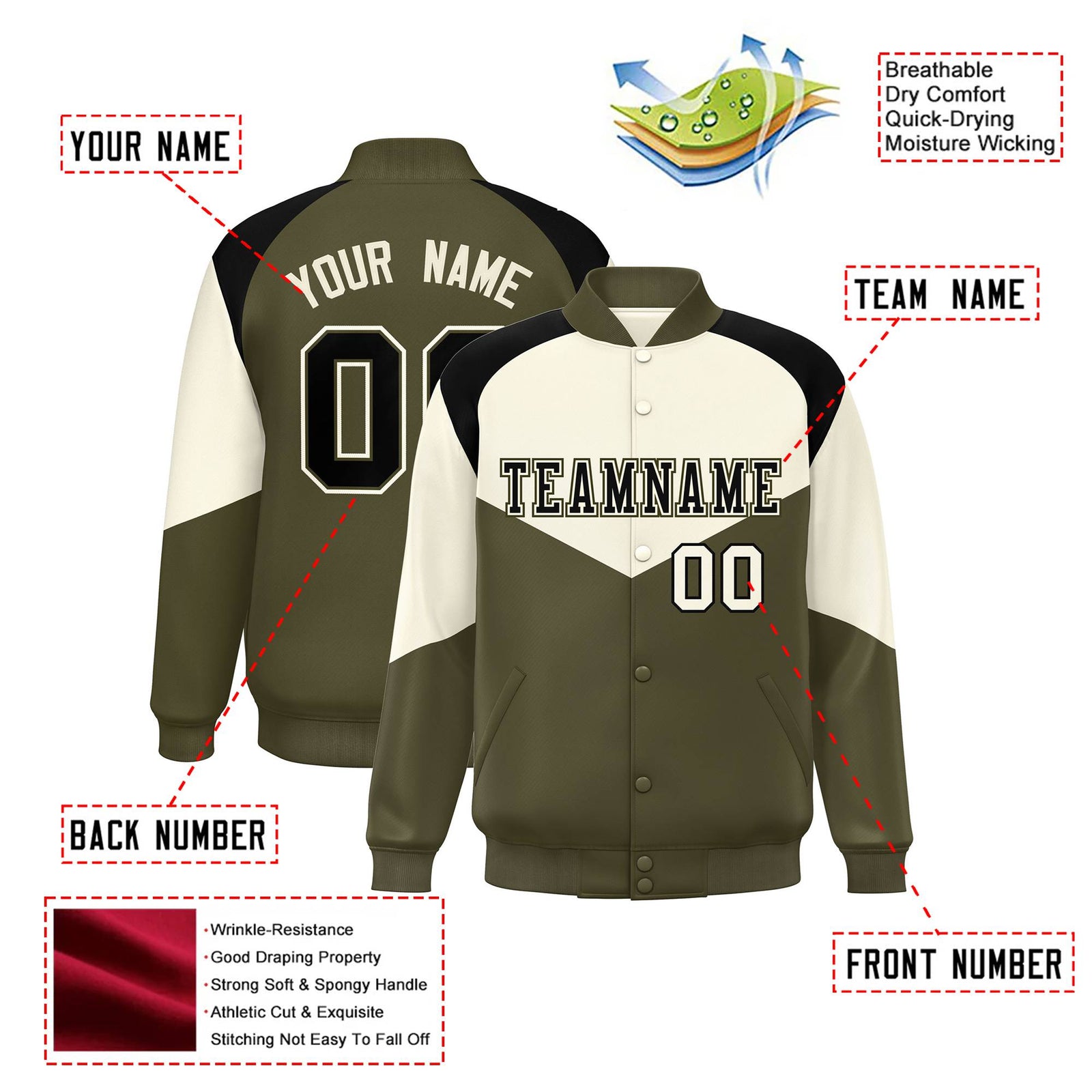 Custom Cream Olive-Black Varsity Full-Snap Color Block Letterman Jacket