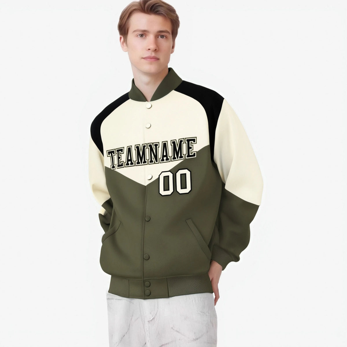 Custom Cream Olive-Black Varsity Full-Snap Color Block Letterman Jacket