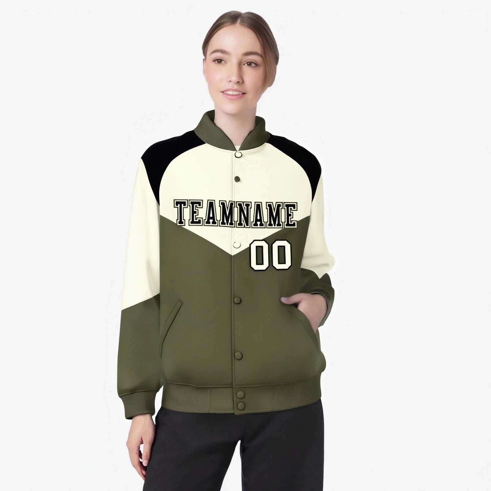 Custom Cream Olive-Black Varsity Full-Snap Color Block Letterman Jacket