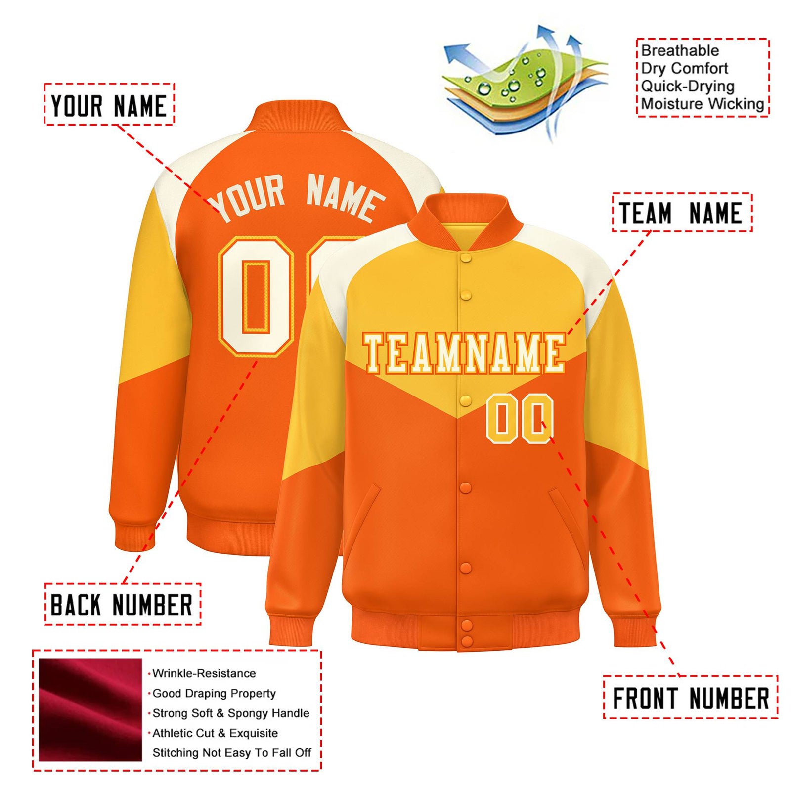 Custom Gold Orange-Cream Varsity Full-Snap Color Block Letterman Jacket