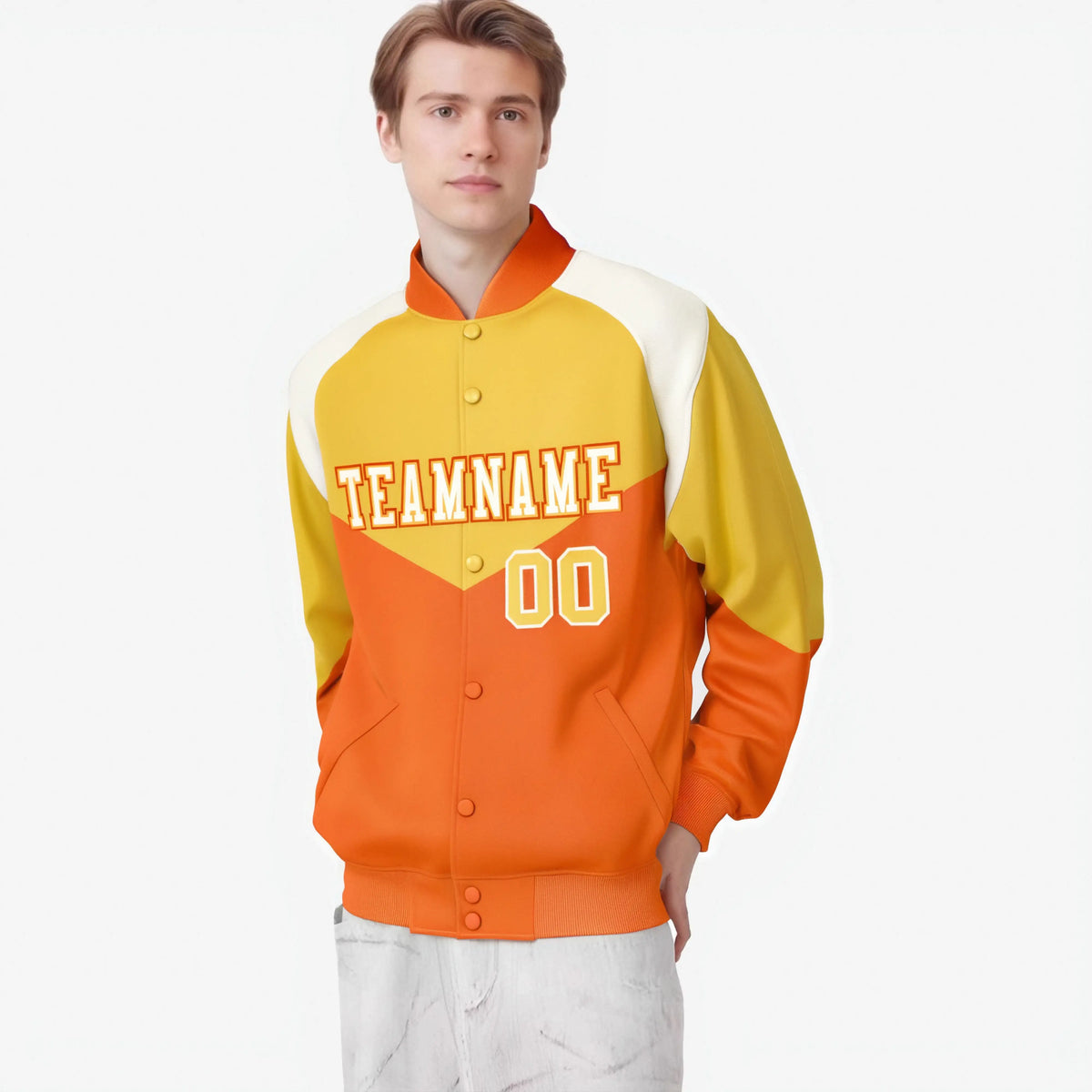 Custom Gold Orange-Cream Varsity Full-Snap Color Block Letterman Jacket