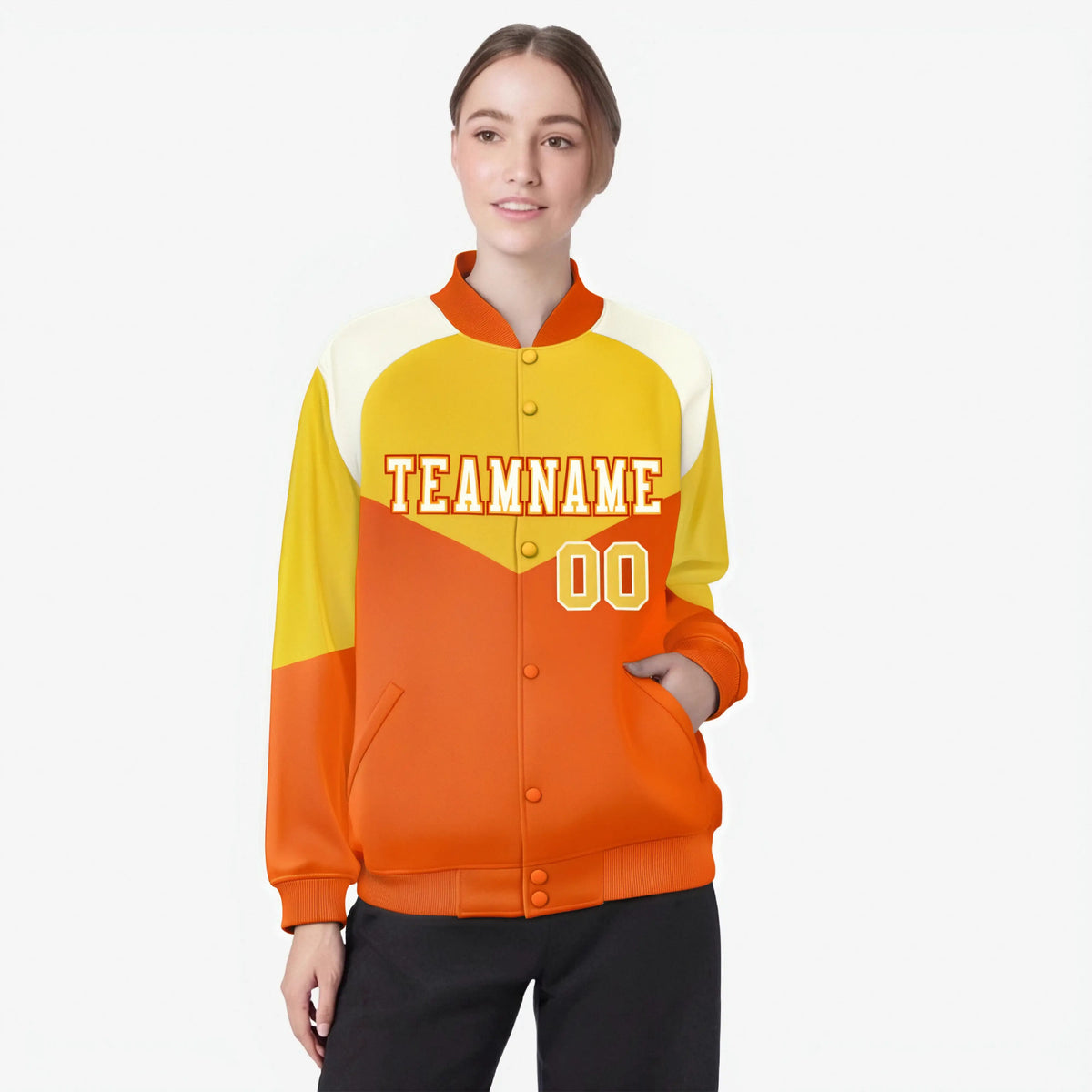 Custom Gold Orange-Cream Varsity Full-Snap Color Block Letterman Jacket