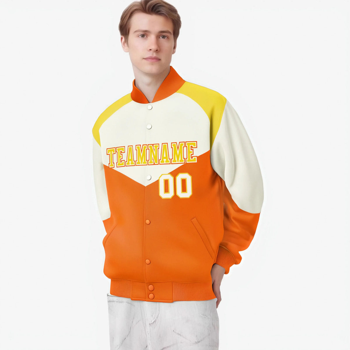 Custom Cream Orange-Gold Varsity Full-Snap Color Block Letterman Jacket