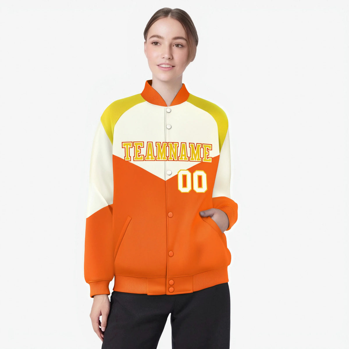 Custom Cream Orange-Gold Varsity Full-Snap Color Block Letterman Jacket