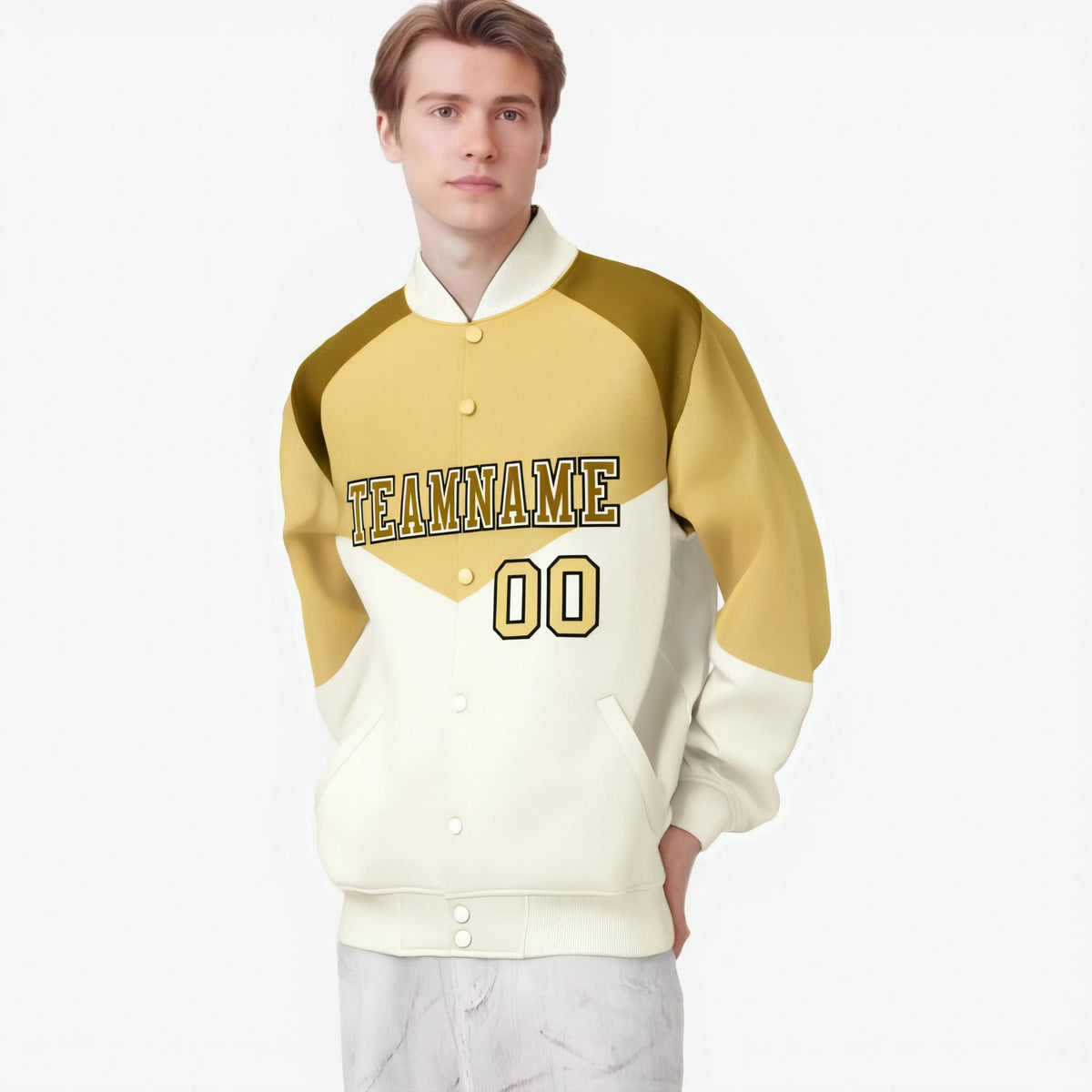 Custom Khaki Cream-Old Gold Varsity Full-Snap Color Block Letterman Jacket